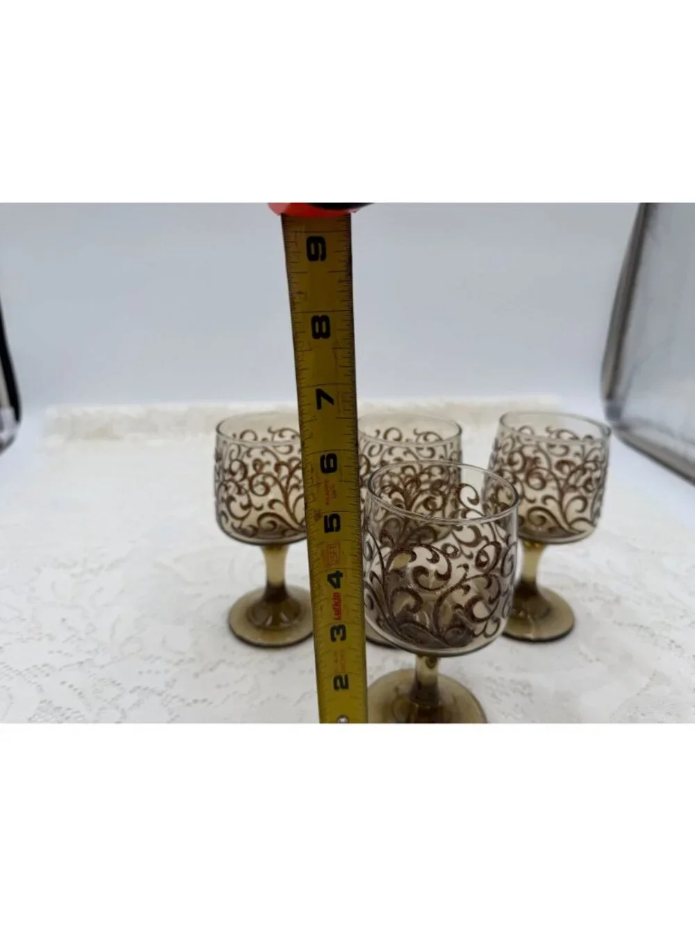 Vintage Amber Glass Goblets With Brown Swirl Design - Set Of 4 5.5